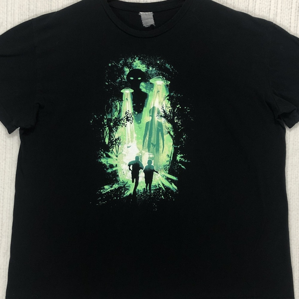 Mens‎ Alien Abduction UFO Graphic T-Shirt Black Neon Green Sci-Fi Tee XL